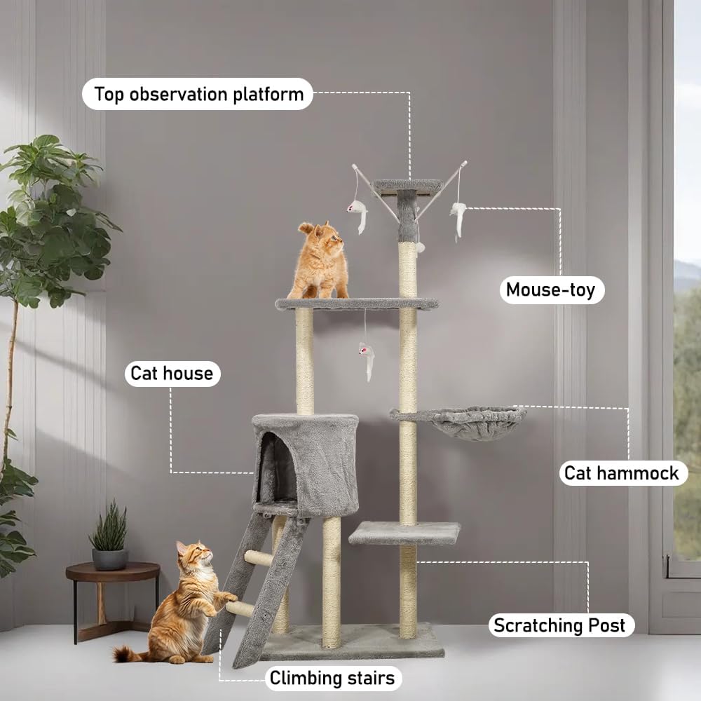 Multi-level cat tree tower for Indoor cats & Kittens, Sturdy activity center with Hanging toys, Sisal scratching post, Cozy Hammock, Plush Condo and Ladder, Easy assembly, 136 cm