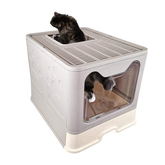 Foldable enclosed cat litter box with Top and Front entry, Transparent door, Splash-proof design, Sand filter pedal, and Litter scoop, Easy to clean indoor cat toilet for small cats 50 cm (Grey)