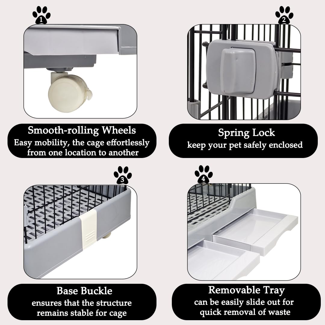 Cat Cage - Pet House for Indoor Cats & Kittens - 2 Lockable Doors, Climbing ladder, Removable Tray and Universal Wheels, 2-tier metal wire Cat Home - Easy Assembly 102 cm (Grey)