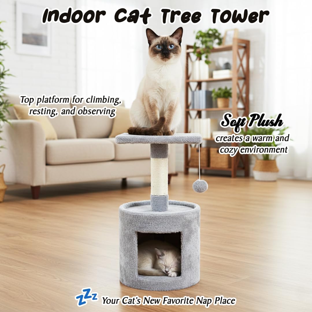 Modern cat tower with Hideaway cave and Hanging ball, Space saving design, Easy to fix and Portable, 59 cm Cat activity tree with Scratching pole, Protect furniture for Indoor cats and kittens