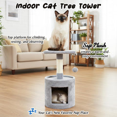 Modern cat tower with Hideaway cave and Hanging ball, Space saving design, Easy to fix and Portable, 59 cm Cat activity tree with Scratching pole, Protect furniture for Indoor cats and kittens