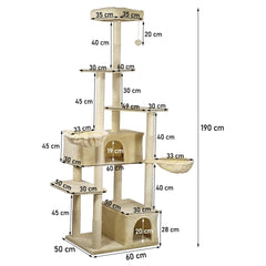 Cat Tree Indoor - 190cm Cat Tower House with Padded Perch - Cat Scratching Post with Double Perches -  Cozy Cat Condos & Dangling ball - Ideal for Indoor Cats and Kittens (Beige)