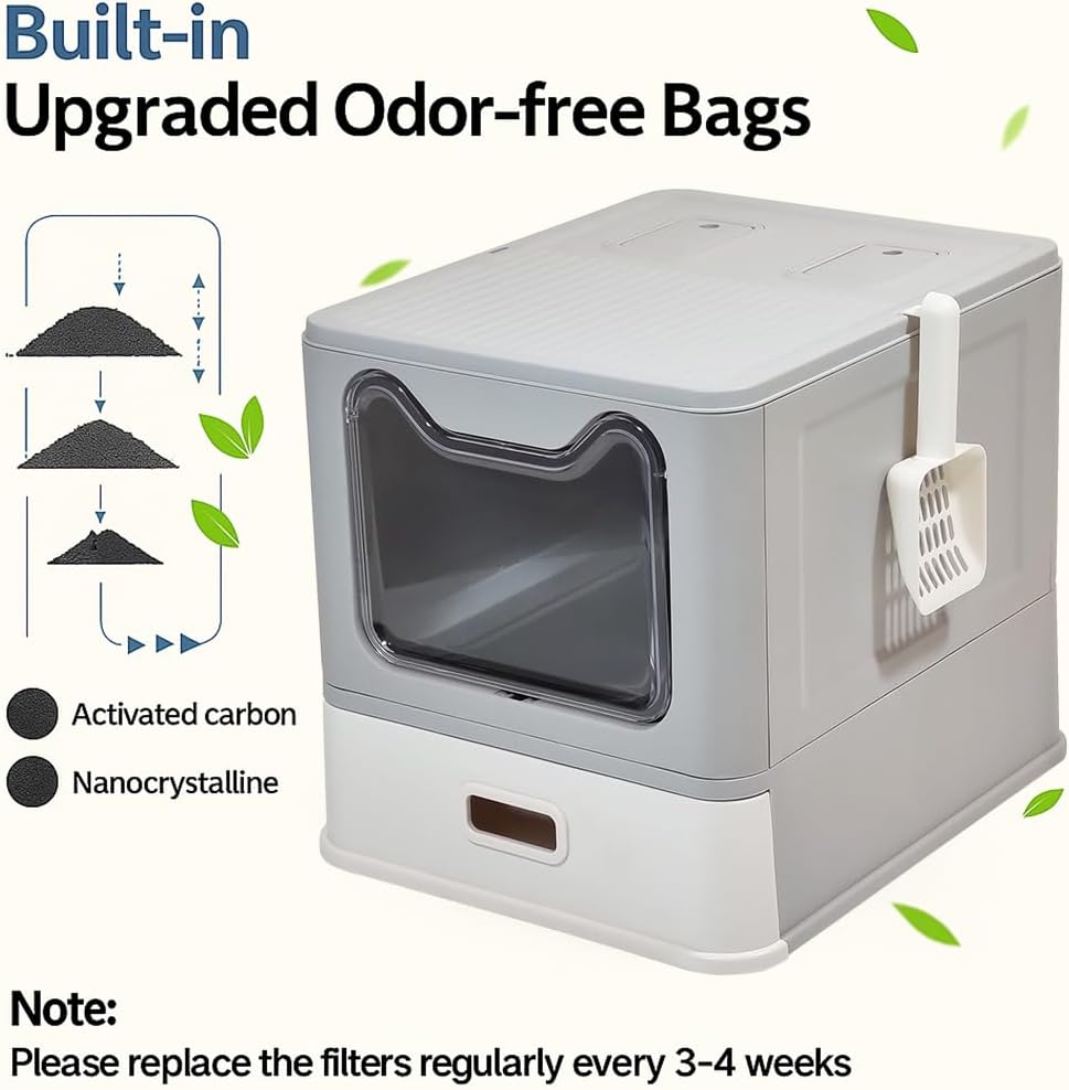 Enclosed stainless steel cat litter box with Lid, Drawer design, Litter scoop, Durable PS material, and Odor control filter, Ideal for Small to Large cats, Easy to clean, 50 cm
