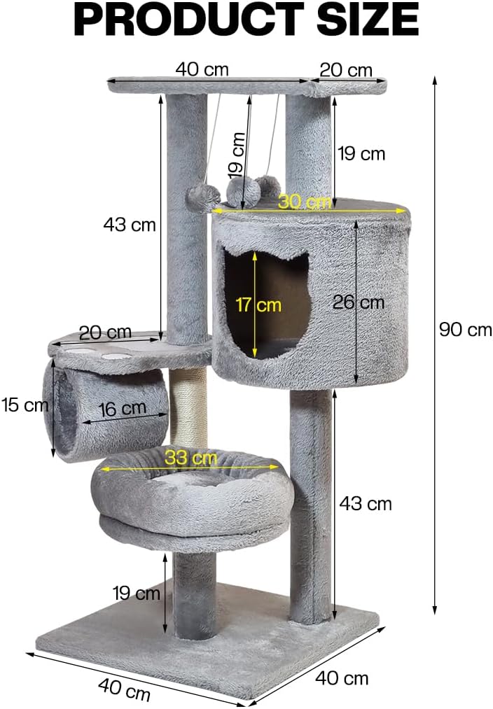 Cat tree for Indoor cats & Kittens, Space-saving cat climbing tower with Elevated perch, Hanging toys, Sisal scratching post, Soft plush condo, and Tunnel bed, Easy to assemble, 90 cm (Grey)