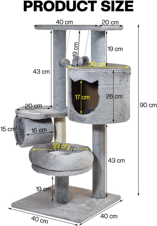 Cat tree for Indoor cats & Kittens, Space-saving cat climbing tower with Elevated perch, Hanging toys, Sisal scratching post, Soft plush condo, and Tunnel bed, Easy to assemble, 90 cm (Grey)