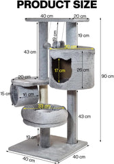 Cat tree for Indoor cats & Kittens, Space-saving cat climbing tower with Elevated perch, Hanging toys, Sisal scratching post, Soft plush condo, and Tunnel bed, Easy to assemble, 90 cm (Grey)