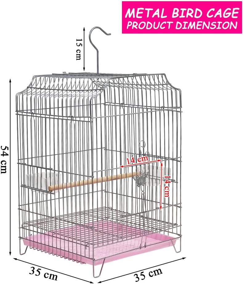 Heavy-Duty Bird Cage with Hanging Hook, Durable Metal Wire, Portable, 54 cm Parrot Cage with Perch, Feeding Cups, and Removable Tray, Indoor Bird House for Cockatiels and Small Birds, Silver
