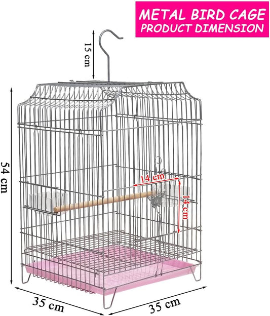 Heavy-Duty Bird Cage with Hanging Hook, Durable Metal Wire, Portable, 54 cm Parrot Cage with Perch, Feeding Cups, and Removable Tray, Indoor Bird House for Cockatiels and Small Birds, Silver