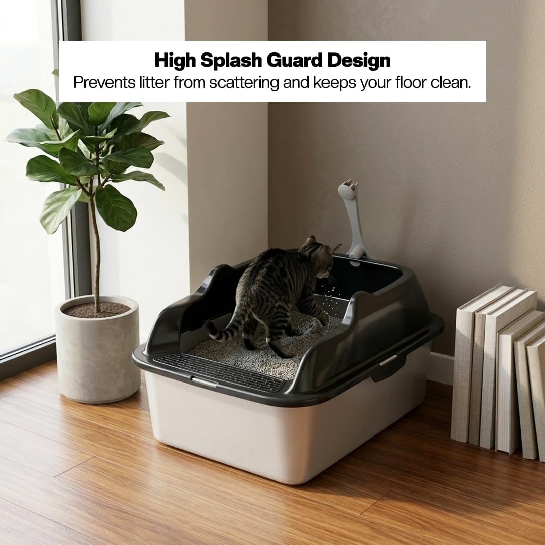 Stainless steel cat litter box with Scoop, Anti-splash design, Grid design, Non-stick, and Odor resistant, Open top kitty toilet for Indoor cats & kittens, Easy to clean