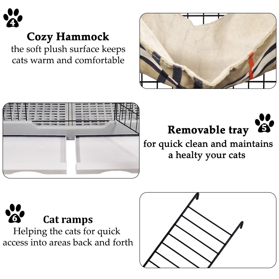 Cat cage with Wide platforms, Cozy hammock, Climbing ladder, Slide-out tray, and Universal wheels, 2-layer metal wire cat cage for Multi-cat households, Ideal for indoor/outdoor 132 cm (Grey)