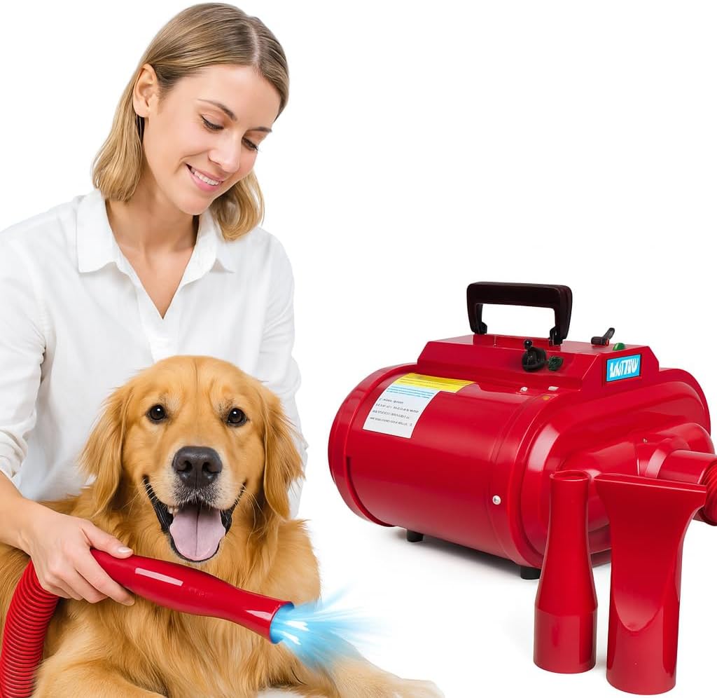 Dog Grooming - Pet Grooming Hair Dryer Vacuum Kit - Dog Hair Dryer, Blower - 240V Powerful with Adjustable Speed & Heat, Low - 3 Nozzles - Portable Handle - ABS Material (Red)
