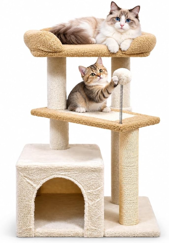 Cat Tree Tower for Indoor Cats, 70 cm Multi-Level Cat Activity Center with Plush Perches, Cozy Hideaway, Sisal Scratching Post and Spring Ball Toy, (Beige)