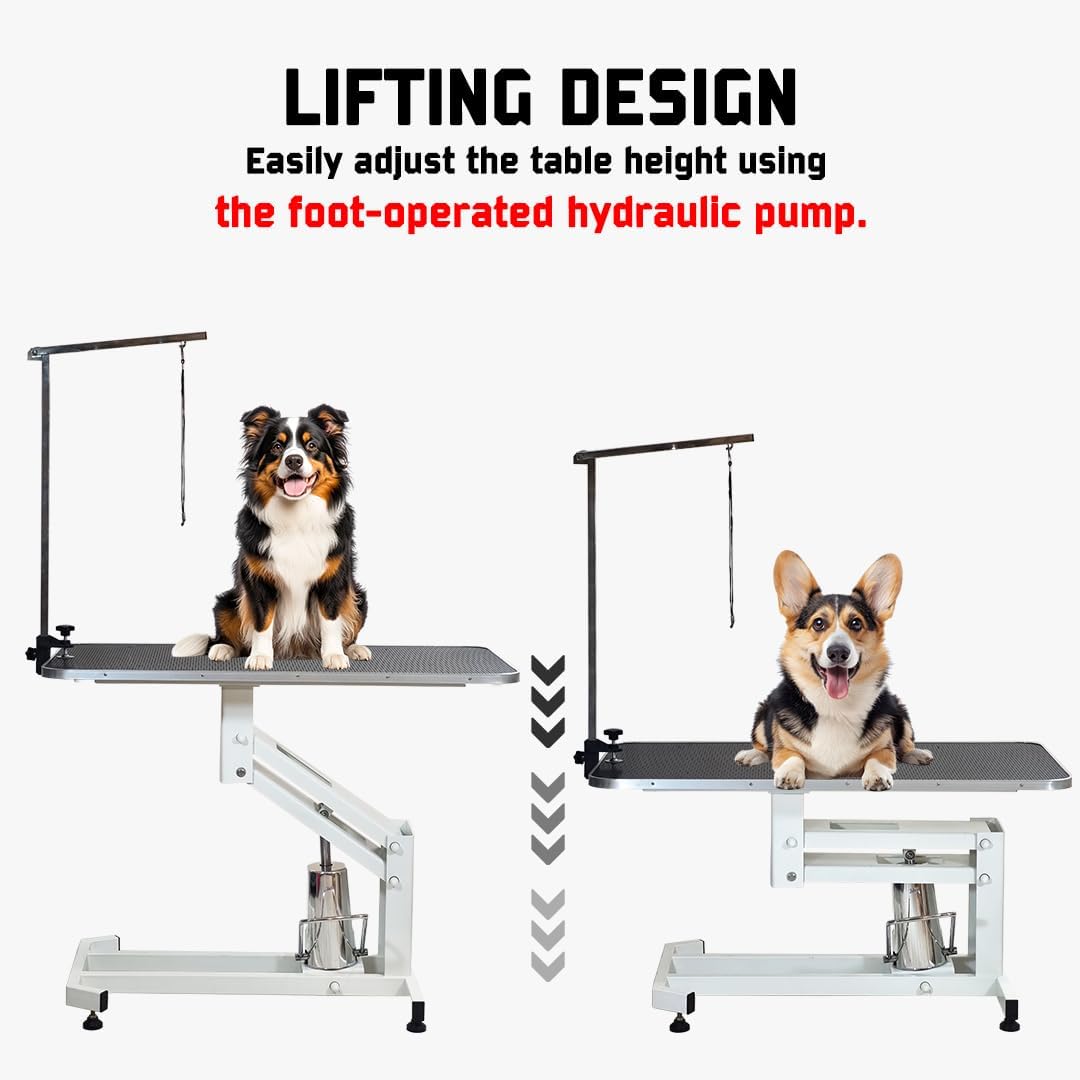 Hydraulic Pet Grooming Table with Pump, Foot lift, and Adjustable feet, Dog grooming table with Adjustable Arm & Secure clamp, Anti-slip Surface and Heavy Duty for all size breeds, 170 cm (White)