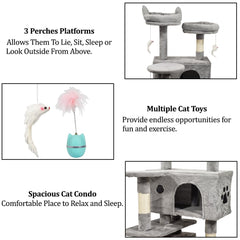 Cat Tree for Big Cats - 140cm Cat Tower House with Multiple Peaches - Cat Condos - Sisal Cat Scratching Post - Dangling Ball - Premium Pet Tree - Durable & Easy Assembly (Grey)