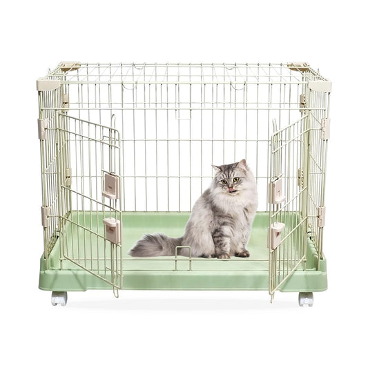 Portable Cat Cage with Secure Lock, Wheels, and Heavy-Duty Metal Wire, 71 cm Pet Cage with Wide Front Door, Easy Assemble & Easy to Clean, Indoor-Outdoor Cage (Green)