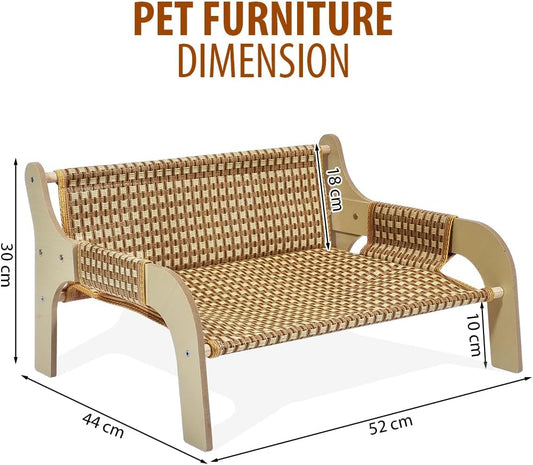 Cat furniture with Wooden frame, Woven surface, Scratch resistant, & Comfortable, 52 cm Pet bed for Cats & Small dogs, Raised cat chair, Elevated rattan cat bed with Portable & Easy to clean (Brown)