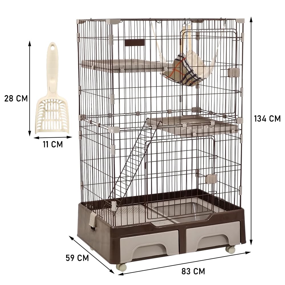 Cat cage playpen for Multi-cat household, 3-tier cat cage with Cozy hammock, Wide platform, Climbing ladder, Build-in litter box, and Universal wheels, Ideal for indoor/outdoor use 133 cm (Chocolate)