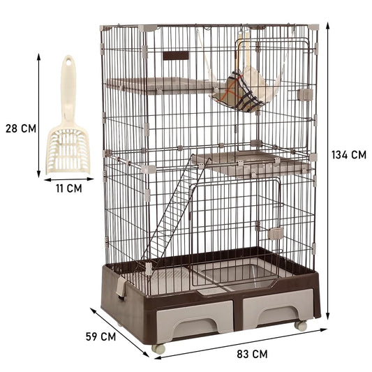 Cat cage playpen for Multi-cat household, 3-tier cat cage with Cozy hammock, Wide platform, Climbing ladder, Build-in litter box, and Universal wheels, Ideal for indoor/outdoor use 133 cm (Chocolate)