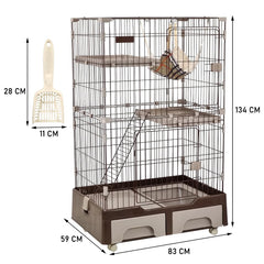 Cat cage playpen for Multi-cat household, 3-tier cat cage with Cozy hammock, Wide platform, Climbing ladder, Build-in litter box, and Universal wheels, Ideal for indoor/outdoor use 133 cm (Chocolate)