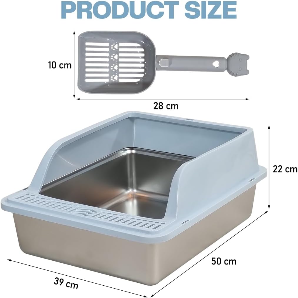 Semi-enclosed stainless steel cat litter box with a Litter scoop, Grid design, and High wall side cover, Durable litter box for Indoor cats, Detachable design for easy cleaning, 50 cm