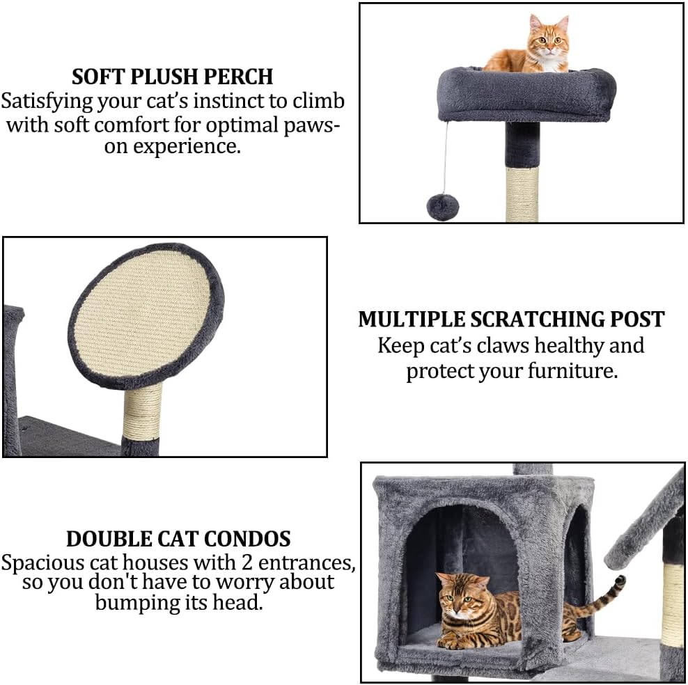 160 cm Cat Tree for Big Cats - Multi-level Indoor Cat Tower with Soft padded Perch, Dangling Ball, Sisal Scratching Board & Comfortable Cat Condo, Easy to Assemble (Grey, Large)
