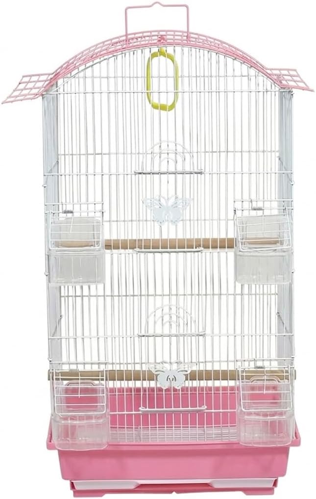Small Bird Cage with Perches, Feeders and Swing, Ideal for Parakeets, Lovebirds, and Small Parrots, 62 cm Metal Cage with Hanging, Pull-out Tray, Portable, Durable and Top-Roof Design (Pink)
