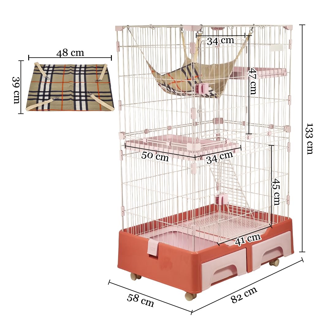 Cat Cage Playpen for Multi-Cat Household, 3-Tier Cat Cage with Cozy Hammock, Wide Platform, Climbing Ladder, Build-in Litter Box & Universal wheels, Ideal for Indoor/Outdoor Use 133 cm (Pink)