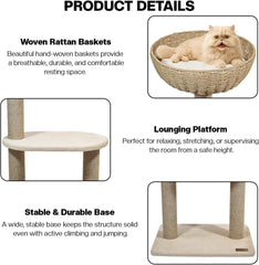 2-Tier Cat tree tower with Handwoven seagrass basket perch, Cozy Condo, and Sisal Scratching Posts, Modern Cat Furniture for Indoor Cats & Kittens, Multi-Level Activity Center