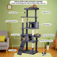 Cat Tree for Large Cats with Toy - Cat House with Padded Perch - Cozy Cat Condos & Scratching Posts - Premium Quality Multi-level Cat Tower for Indoor Cats & Kittens (Dark Grey)