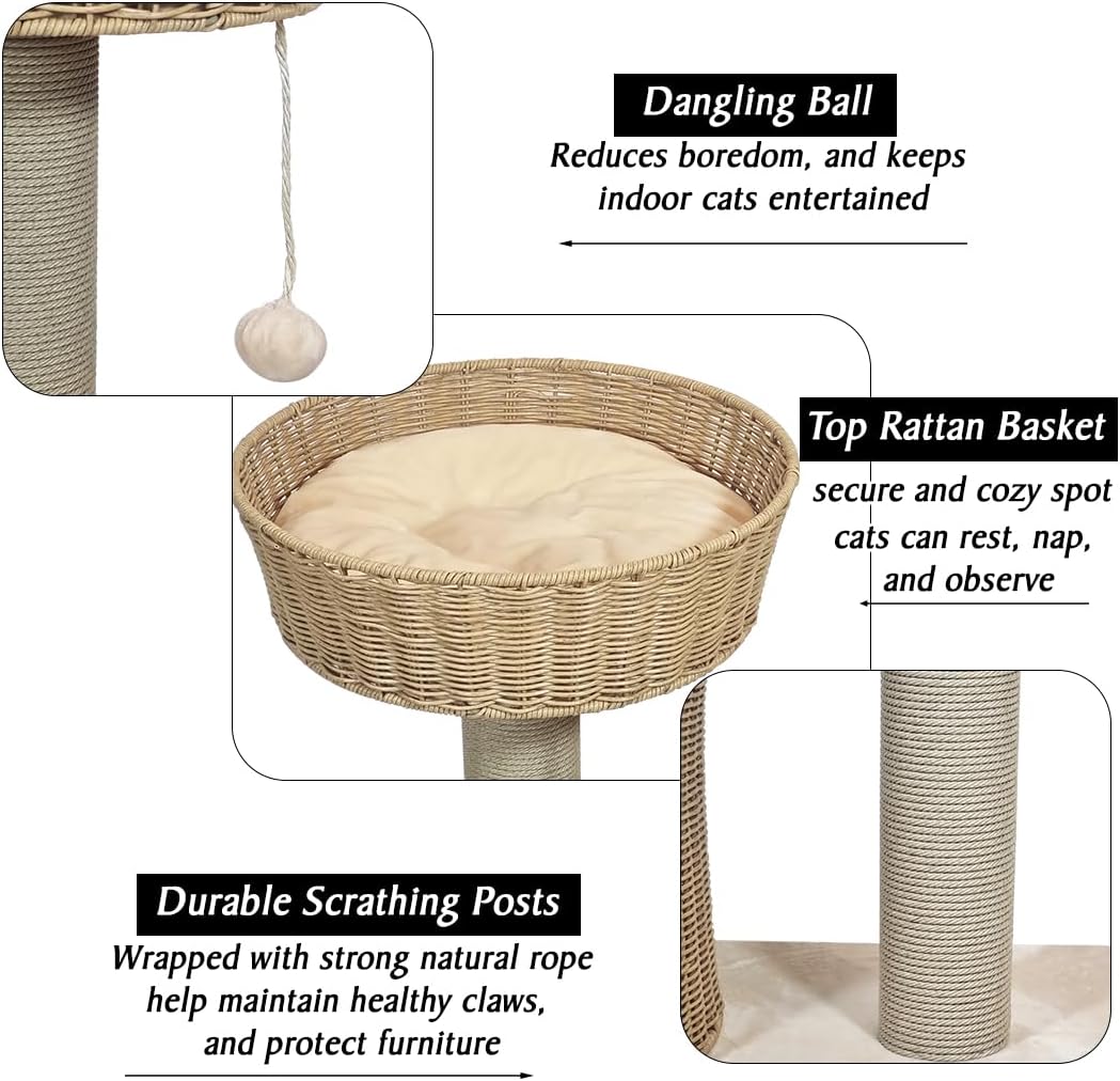 Cat tree with Scratching Post, Wicker basket, Hand-woven condo, and Dangling ball, 97 cm Indoor cat furniture for all cats, Multi-level cat tree, Easy assembly, & Cat climbing tower (Beige)