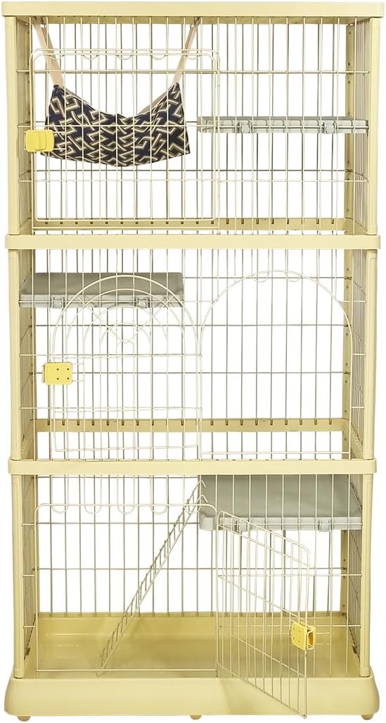 Large cat cage with 3 lockable doors, Cozy hammock, Wide platforms, Climbing ladder, and Universal wheels, Durable metal wire cat cage, Ideal for Multi-cat households, Easy assembly 172 cm (Yellow)