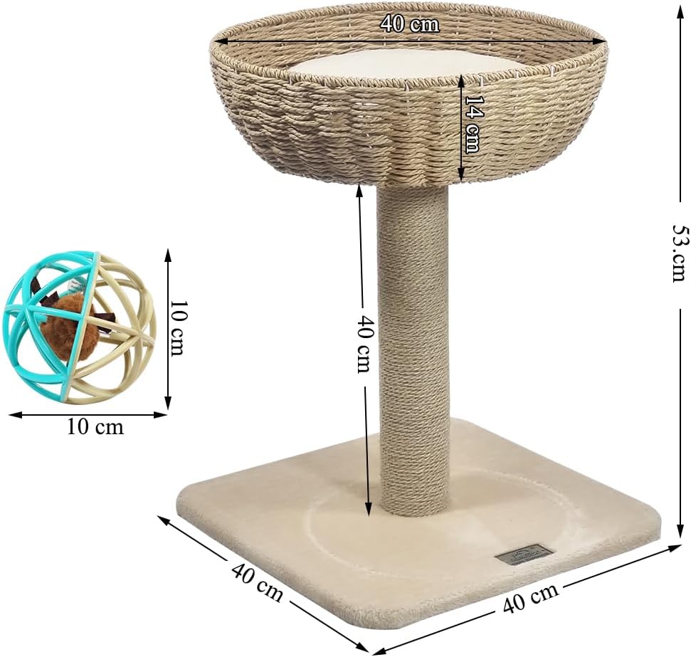 Cat tree for indoor cats, Cat climbing frame with Interactive cat toy, Rattan wicker basket perch, Sisal scratching post, and Sturdy base, Cat tree activity center, Easy to assemble 53 cm (Beige)