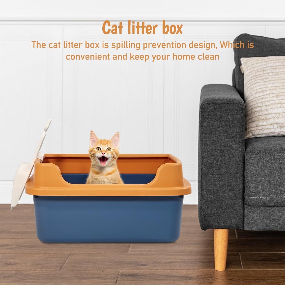 Semi-enclosed cat litter box with Low entrance, Raised fence, Portable handle, and Litter scoop, Durable plastic cat toilet prevents splashing, Ideal for indoor cats & kittens 48 cm (Blue)