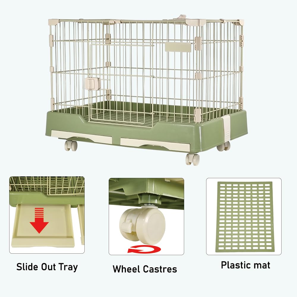 Cat cage playpen for cats & small dogs, Durable meta wire cat cage with Open-top design, Lockable door, Removable tray, and Universal wheels, Ideal for indoor/outdoor, Easy assembly 75 cm (Green)