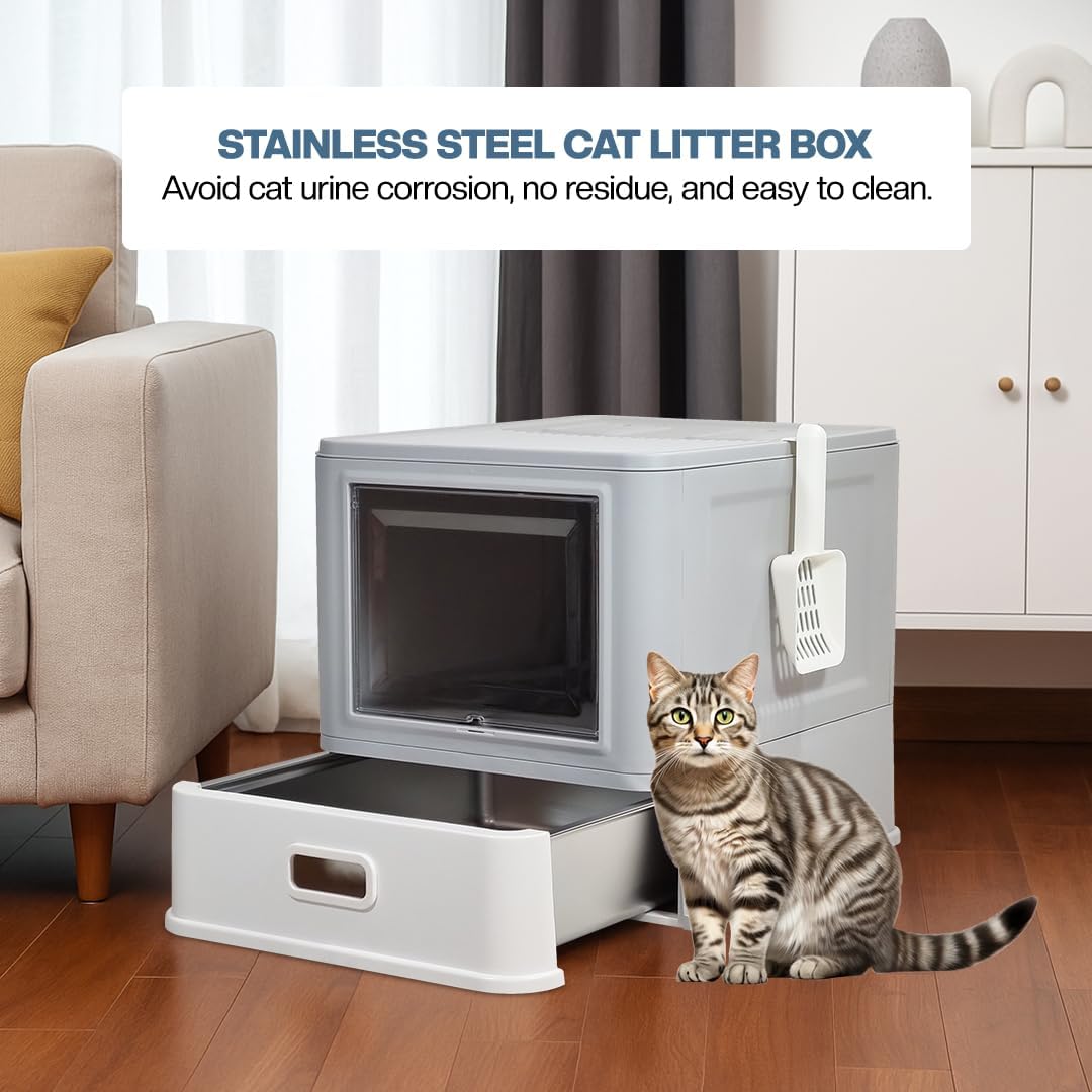 Enclosed stainless steel cat litter box with Lid, Drawer design, Litter scoop, Durable PS material, and Odor control filter, Ideal for Small to Large cats, Easy to clean, 50 cm