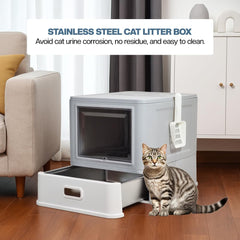 Enclosed stainless steel cat litter box with Lid, Drawer design, Litter scoop, Durable PS material, and Odor control filter, Ideal for Small to Large cats, Easy to clean, 50 cm