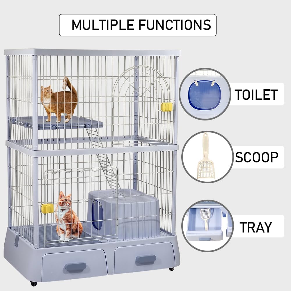 Cat cage enclosure with 2 Lockable doors, Wide platform, Climbing ladder, Litterbox area, and Universal wheels, Durable metal wire cat cage for indoor/outdoor use, Easy to assemble 130 cm (Blue)