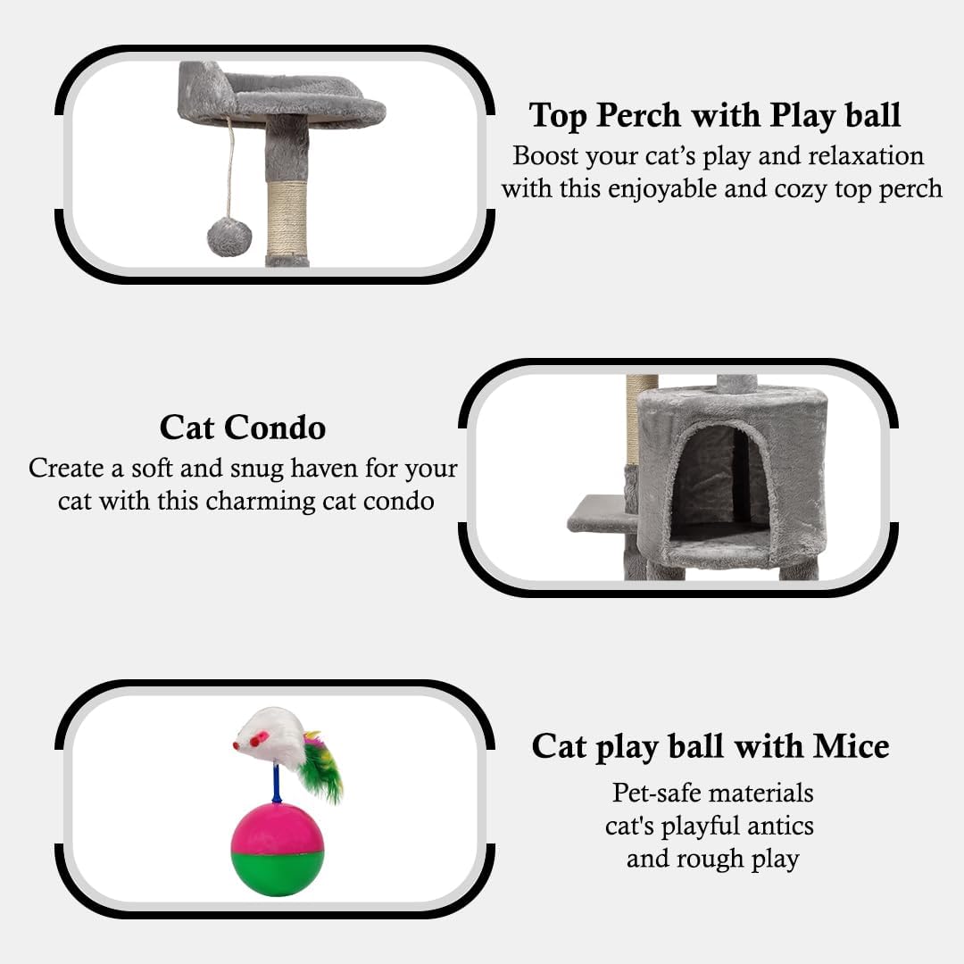 Cat tree activity center for Indoor cats, Multi-level cat tree with Mouse tumbler toy, Top perch, Dangling ball, Sisal scratching post, and Cozy cat condo, Easy to assemble 112 cm (Grey)