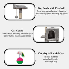 Cat tree activity center for Indoor cats, Multi-level cat tree with Mouse tumbler toy, Top perch, Dangling ball, Sisal scratching post, and Cozy cat condo, Easy to assemble 112 cm (Grey)