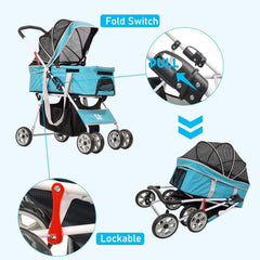 Dog Stroller | Pet Stroller for Cats & Dogs with Adjustable Canopy & Spacious Interior | Lightweight & Foldable | Storage Bag and Universal Wheels | Travel & Outdoor Cat Stroller 96 cm (Blue)