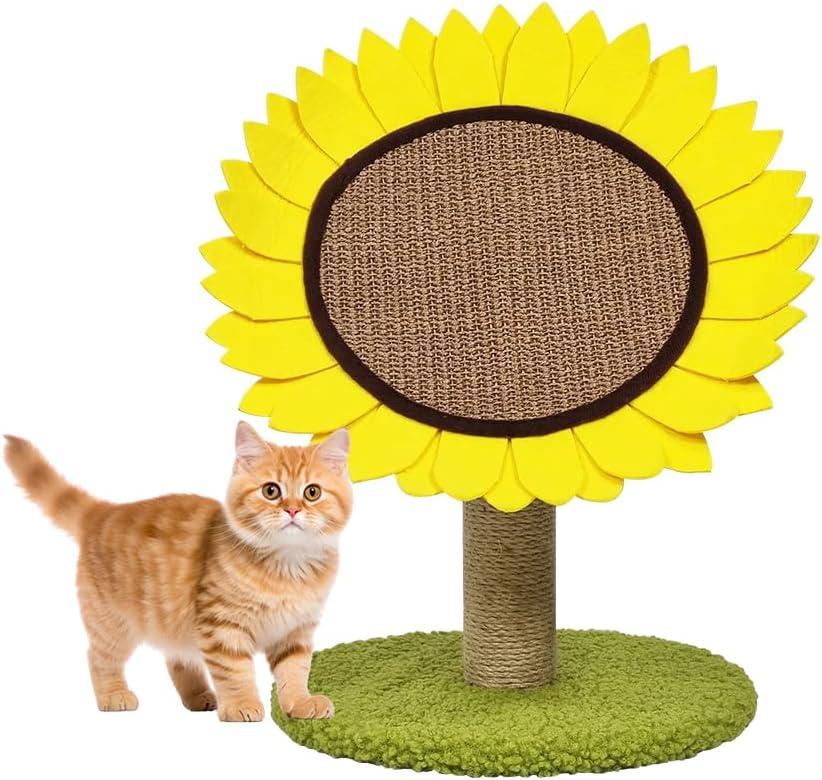 Sunflower cat tree scratcher with Scratching board, Natural sisal scratching post, and Stable base, Interactive cat tree activity center for Indoor cats & kittens, Easy to assemble 46 cm (Yellow)