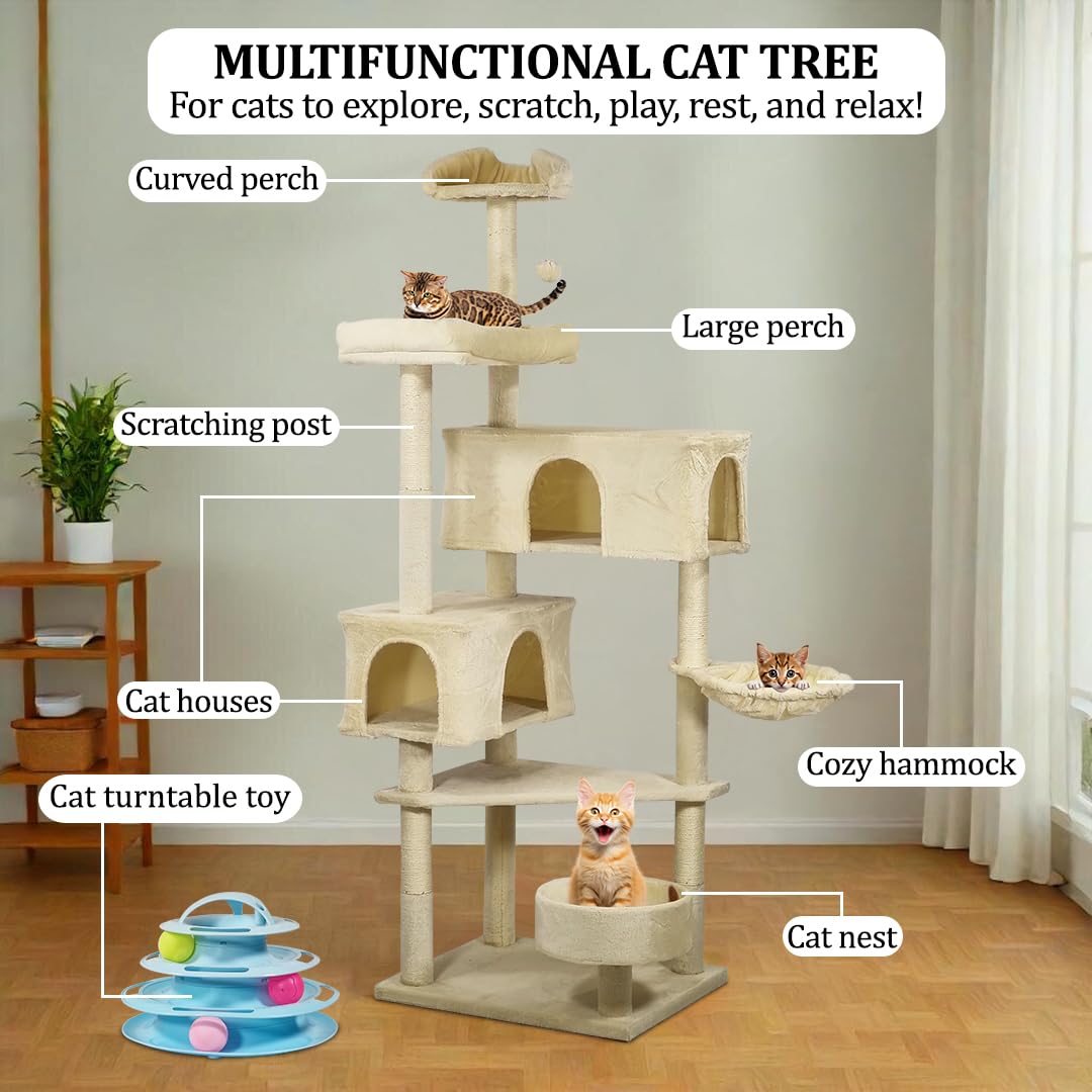 Cat Tree for Large Cats with Toy - Cat House with Padded Perch - Cozy Cat Condos & Scratching Posts - Premium Quality Multi-level Cat Tower for Indoor Cats & Kittens (Beige)