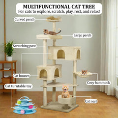 Cat Tree for Large Cats with Toy - Cat House with Padded Perch - Cozy Cat Condos & Scratching Posts - Premium Quality Multi-level Cat Tower for Indoor Cats & Kittens (Beige)