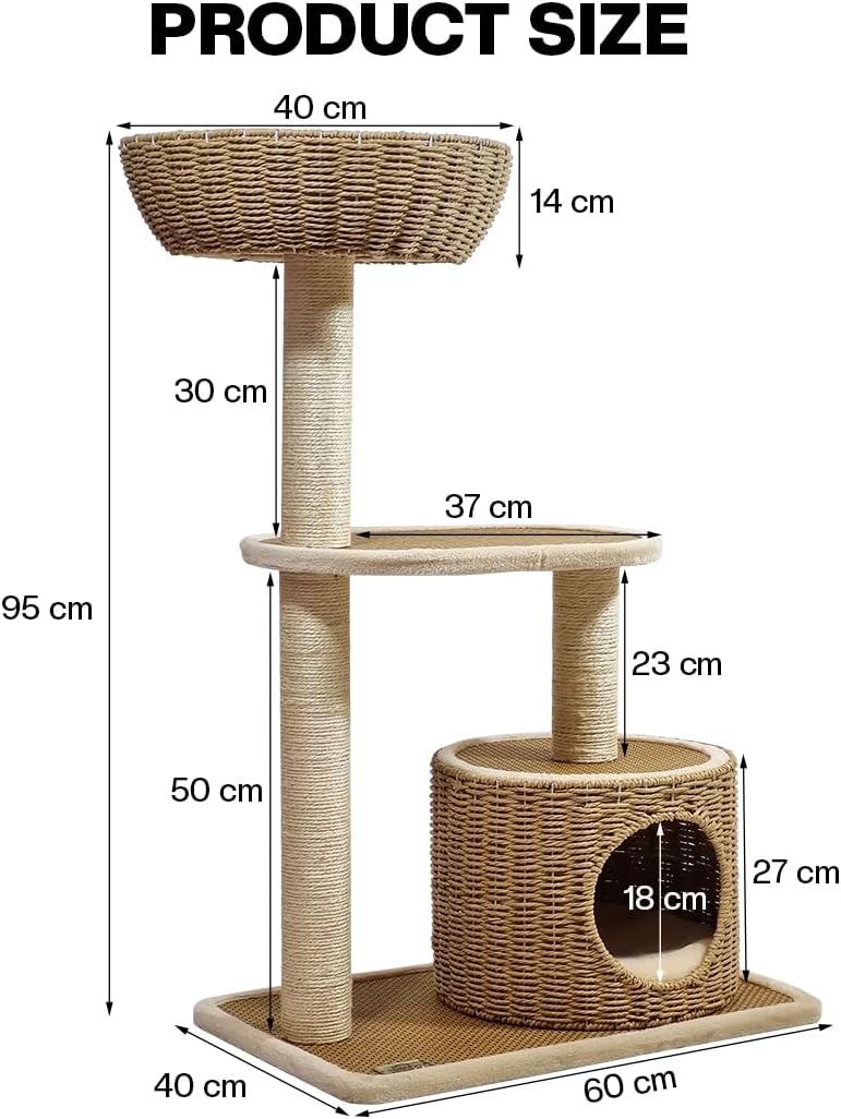 2-Tier Cat tree tower with Handwoven seagrass basket perch, Cozy Condo, and Sisal Scratching Posts, Modern Cat Furniture for Indoor Cats & Kittens, Multi-Level Activity Center