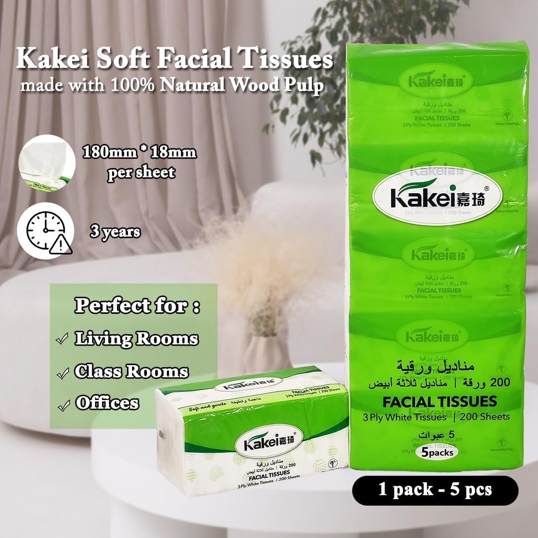 5Pcs Tissue paper with 3ply, Natural wood pulp, and Eco-friendly material, Durable absorbent facial tissue for Home, Travel, Restaurant, and Office, Soft & strong for Wet/Dry use, 200 sheets (White)
