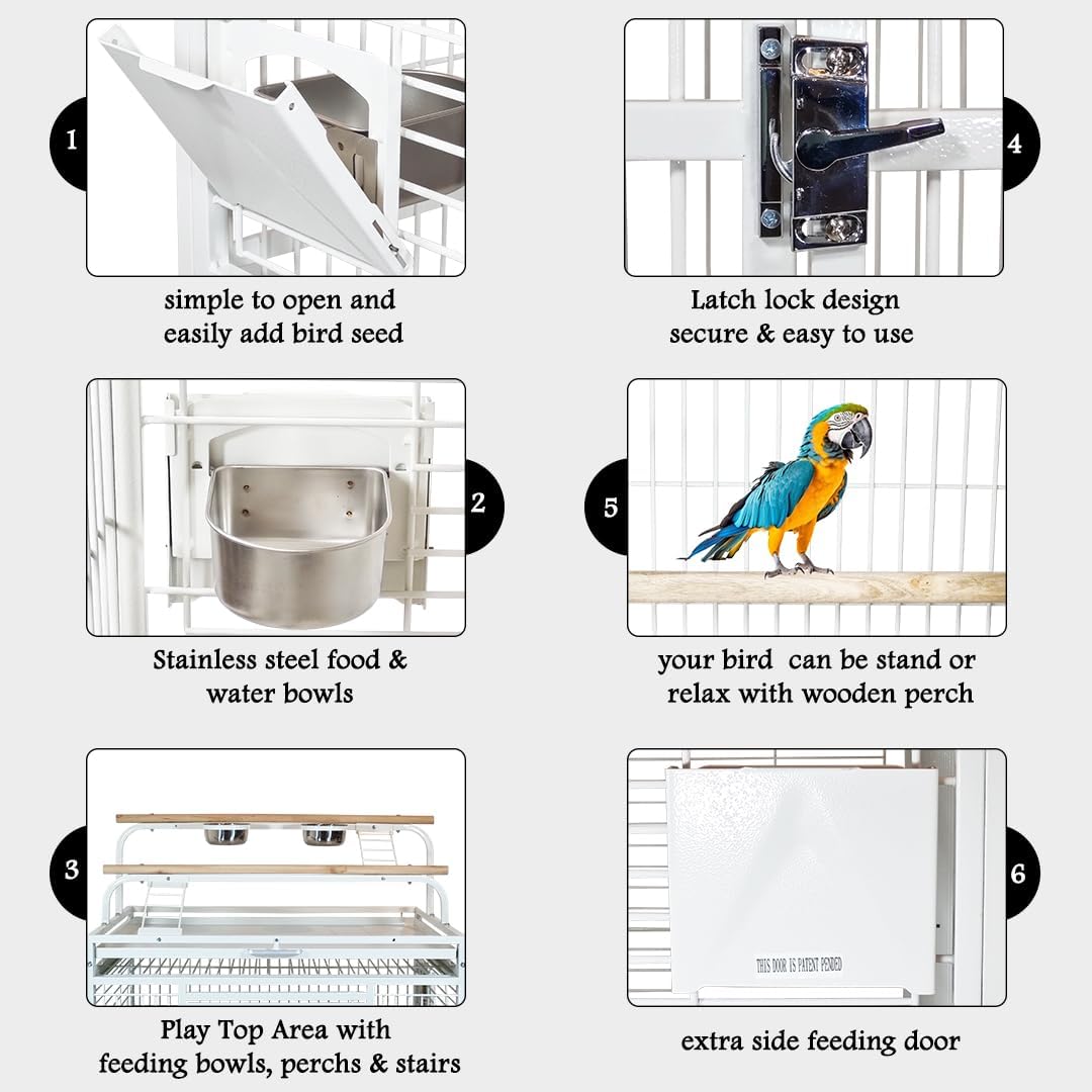 Bird Cage Indoor Large with Open-Top Design - Multiple Perches, Plastic Food Cups, Slide-out Tray & Universal Wheels, Metal Cage for Parrot, Canaries, Lovebirds & Other Birds (White, Extra Large)