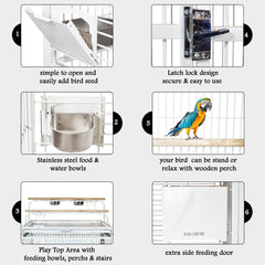 Bird Cage Indoor Large with Open-Top Design - Multiple Perches, Plastic Food Cups, Slide-out Tray & Universal Wheels, Metal Cage for Parrot, Canaries, Lovebirds & Other Birds (White, Extra Large)