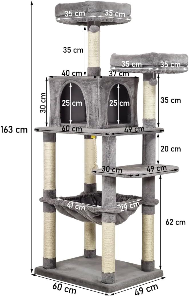 Cat tree for indoor cats, Multi-level cat climbing frame with Double perches, Dangling ball, Sisal scratching post, Cozy cat condo, and Large hammock, Easy to assemble 163 cm (Grey)
