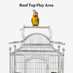 Large bird cage for Parrots, Macaws, Parakeets, and Other birds, Heavy-duty metal bird cage with Open-top area, Food bowls, Slide-out tray, Storage shelf, and Universal wheels 146 cm (Grey)