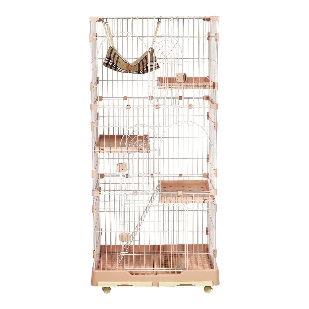 NNC PETS Large Cat Cage for Indoor Cats & Kittens, 3-Tier Metal Wire Cat Crate Kennel with Hammock, 3 Lockable Doors, Climbing ladder, Slide-out Tray & Universal Wheels, 175 cm(Light Pink, Large)